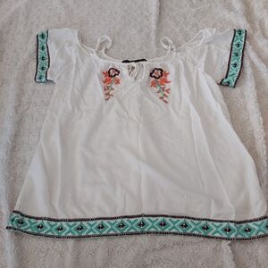 Hazel Off-Shoulder White Top Turquoise & Orange Details Festival Hippie Spring